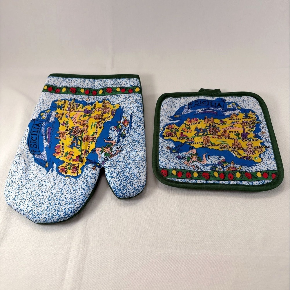 Vintage Sicily Sicilia Souvenir Map Oven Mitt and Pot Holder ‎ NWOT